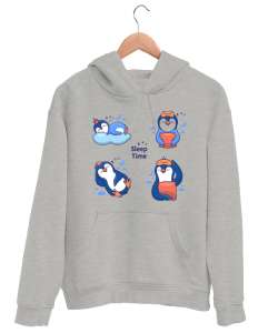 Penguen Sleep Time Gri Unisex Kapşonlu Sweatshirt