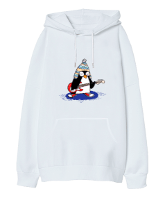 Penguen Tasarımlı Oversize Unisex Kapüşonlu Sweatshirt