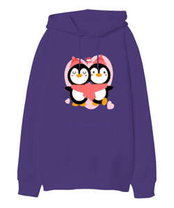 penguenler Mor Oversize Unisex Kapüşonlu Sweatshirt