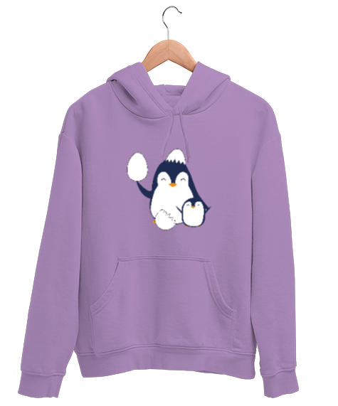 Tisho - Penguin Family Lila Unisex Kapşonlu Sweatshirt