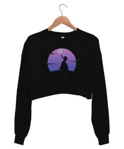 Peri Kızı ve Sihirli Asası - Yıldızlar Siyah Kadın Crop Sweatshirt