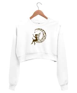 Peri ve Hilal Beyaz Kadın Crop Sweatshirt