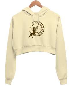 Peri ve Hilal Krem Kadın Crop Hoodie Kapüşonlu Sweatshirt