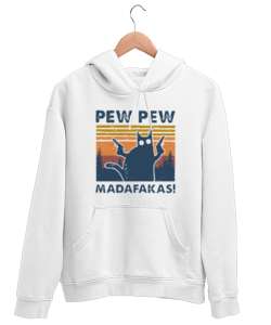 Pew Pew Cat Beyaz Unisex Kapşonlu Sweatshirt