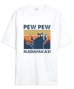 Pew Pew Cat X Beyaz Oversize Unisex Tişört