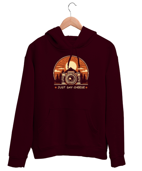 Tisho - Peynir De - Fotoğraf Makinesi - Say Cheese - Camera Bordo Unisex Kapşonlu Sweatshirt