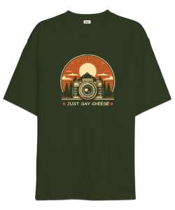 Peynir De - Fotoğraf Makinesi - Say Cheese - Camera Haki Yeşili Oversize Unisex Tişört