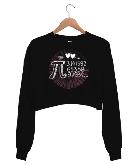 Pi Sayısı Günü Kalpli Siyah Kadın Crop Sweatshirt