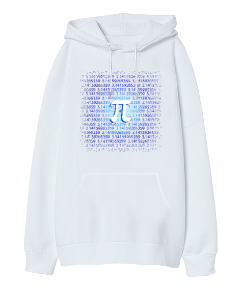 Pi Sembolü Beyaz Oversize Unisex Kapüşonlu Sweatshirt