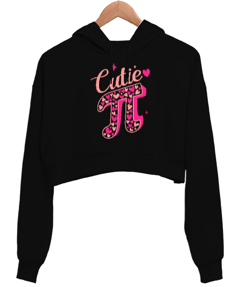 Pi Sembolü Cutie Siyah Kadın Crop Hoodie Kapüşonlu Sweatshirt