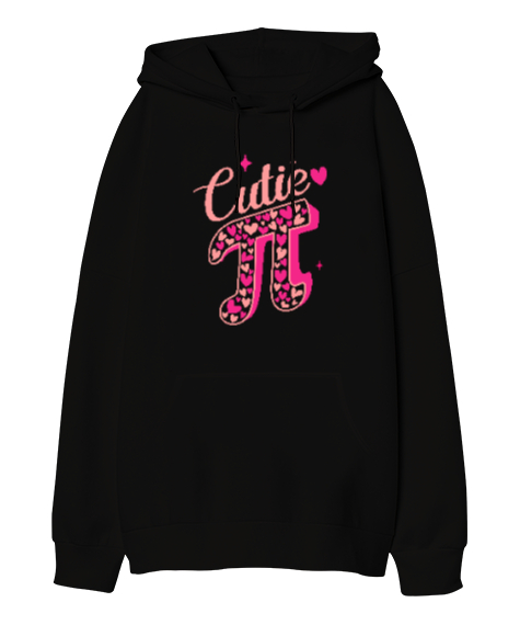 Pi Sembolü Cutie Siyah Oversize Unisex Kapüşonlu Sweatshirt