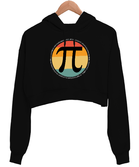 Pi Sembolü Siyah Kadın Crop Hoodie Kapüşonlu Sweatshirt