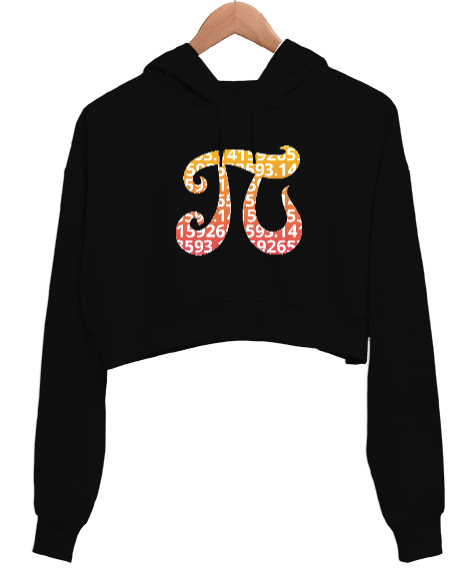 Pi Sembolü Siyah Kadın Crop Hoodie Kapüşonlu Sweatshirt