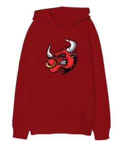 Piercing li Kırmızı Boğa Kellesi Kırmızı Oversize Unisex Kapüşonlu Sweatshirt