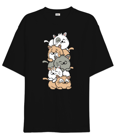 Tisho - Pile of Cats Siyah Oversize Unisex Tişört