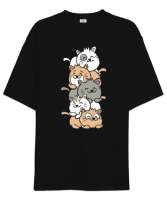 Pile of Cats Siyah Oversize Unisex Tişört - Thumbnail