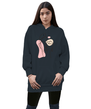 Pink Kadın Uzun Hoodie Kapüşonlu Sweatshirt