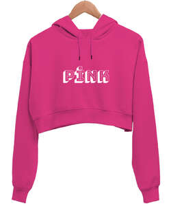 PİNK YAZILI Fuşya Kadın Crop Hoodie Kapüşonlu Sweatshirt