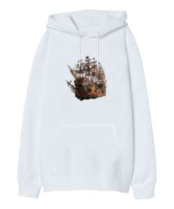 Pirates Ship v2 Beyaz Oversize Unisex Kapüşonlu Sweatshirt