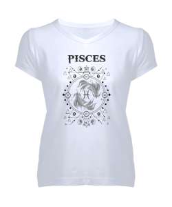 Pisces- Mistik Balık Burcu Beyaz Kadın V Yaka Tişört