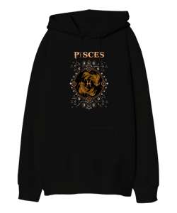 Pisces- Mistik Balık Burcu Siyah Oversize Unisex Kapüşonlu Sweatshirt