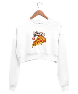 Pizza baskılı Beyaz Kadın Crop Sweatshirt