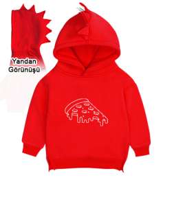 Pizza Dilimi Kırmızı Çocuk Dinozor Kapşonlu Hoodie