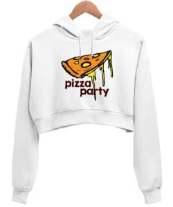 Pizza Party - Pizza Dilimi Beyaz Kadın Crop Hoodie Kapüşonlu Sweatshirt