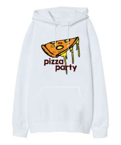 Pizza Party - Pizza Dilimi Beyaz Oversize Unisex Kapüşonlu Sweatshirt