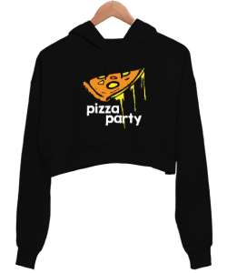 Pizza Party - Pizza Dilimi Siyah Kadın Crop Hoodie Kapüşonlu Sweatshirt