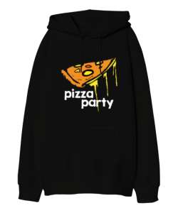 Pizza Party - Pizza Dilimi Siyah Oversize Unisex Kapüşonlu Sweatshirt