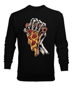 Pizza ve iskelet el. Siyah Erkek Sweatshirt