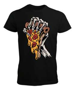 Pizza ve iskelet el. Siyah Erkek Tişört