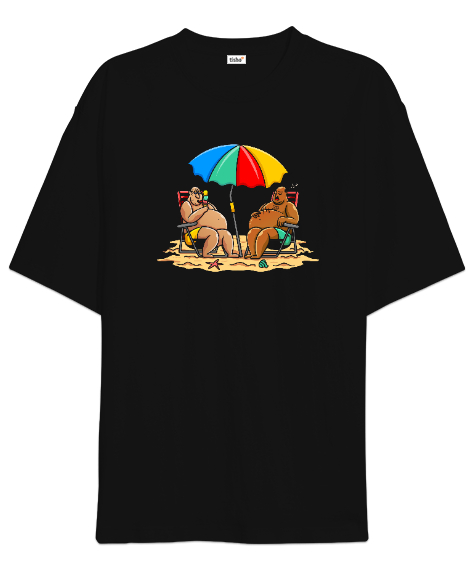 Tisho - Plajdaki Göbekli Adamlar - Komik Siyah Oversize Unisex Tişört