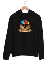 Plajdaki Göbekli Adamlar - Komik Siyah Unisex Kapşonlu Sweatshirt - Thumbnail