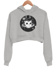 planetcat01 Kadın Crop Hoodie Kapüşonlu Sweatshirt