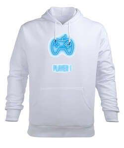 PLAYER 1 Beyaz Erkek Kapüşonlu Hoodie Sweatshirt