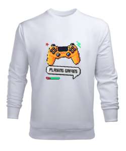 Playing Games Oyun Oynayalım Retro ve Piksel Art Oyun Kolu Oyuncu Özel Tasarım Beyaz Erkek Sweatshirt