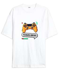 Playing Games Oyun Oynayalım Retro ve Piksel Art Oyun Kolu Oyuncu Özel Tasarım Beyaz Oversize Unisex Tişört