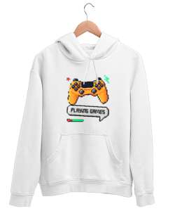 Playing Games Oyun Oynayalım Retro ve Piksel Art Oyun Kolu Oyuncu Özel Tasarım Beyaz Unisex Kapşonlu Sweatshirt