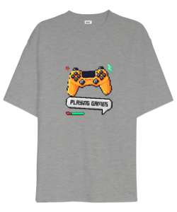 Playing Games Oyun Oynayalım Retro ve Piksel Art Oyun Kolu Oyuncu Özel Tasarım Gri Oversize Unisex Tişört