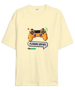 Playing Games Oyun Oynayalım Retro ve Piksel Art Oyun Kolu Oyuncu Özel Tasarım Krem Oversize Unisex Tişört