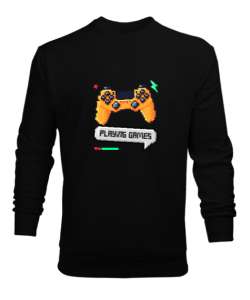 Playing Games Oyun Oynayalım Retro ve Piksel Art Oyun Kolu Oyuncu Özel Tasarım Siyah Erkek Sweatshirt