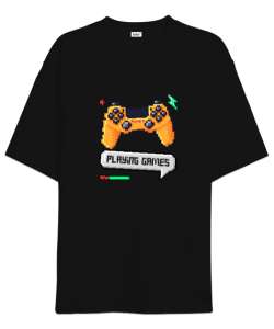 Playing Games Oyun Oynayalım Retro ve Piksel Art Oyun Kolu Oyuncu Özel Tasarım Siyah Oversize Unisex Tişört