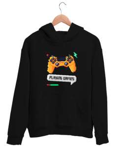 Playing Games Oyun Oynayalım Retro ve Piksel Art Oyun Kolu Oyuncu Özel Tasarım Siyah Unisex Kapşonlu Sweatshirt