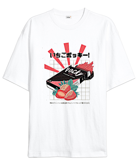 Tisho - Pocky Strawberry Beyaz Oversize Unisex Tişört