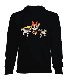 Powerpuff Girls Desenli Siyah Kapüşonlu Sweatshirt Kadın Kapşonlu Hoodie Sweatshirt