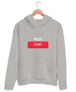 Press Start Oyuna Başla Retro ve Pixel Art Oyun ve Oyuncu Özel Tasarım Gri Unisex Kapşonlu Sweatshirt