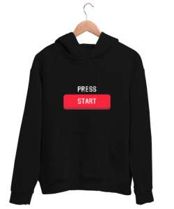 Press Start Oyuna Başla Retro ve Pixel Art Oyun ve Oyuncu Özel Tasarım Siyah Unisex Kapşonlu Sweatshirt