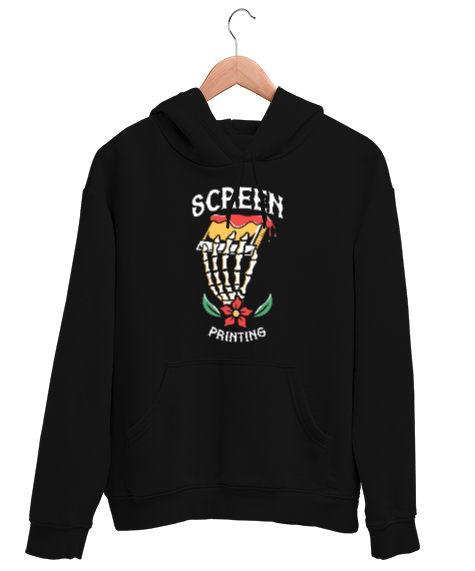 Tisho - Printing - Serigrafi Baskı - İskelet El Siyah Unisex Kapşonlu Sweatshirt